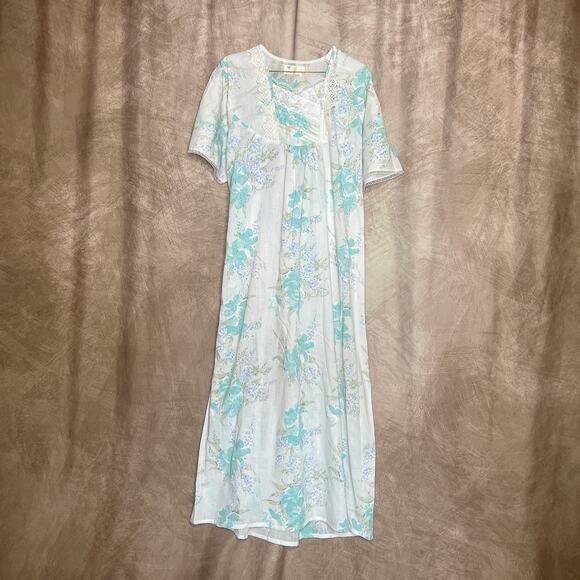 Vintage 90s Anita Floral Lace MuuMuu Nightgown Dress Blue Boho Tropical Retro - Picture 1 of 6